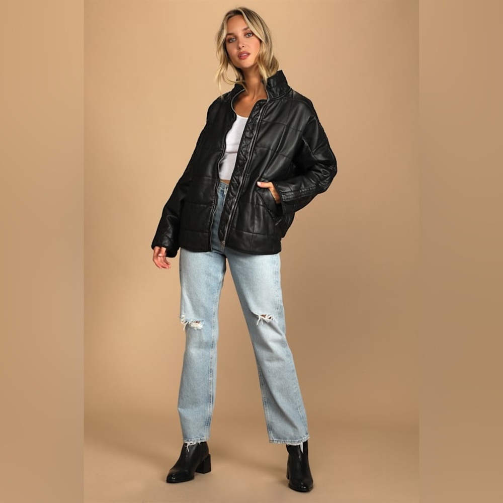 FREE PEOPLE We the Free Black Vegan Leather Quilted Dolman Jacket EUC Size Large